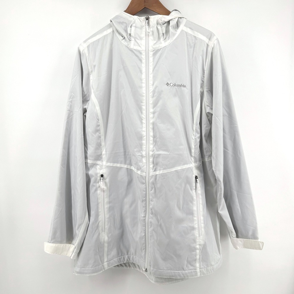 Columbia Windbreaker Jacket Women L White Grey Hooded Full Zip Gorpcore Utility